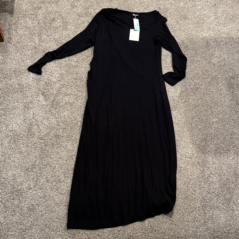 Women’s Black Long-Sleeve Midi Wrap-Style Dress
